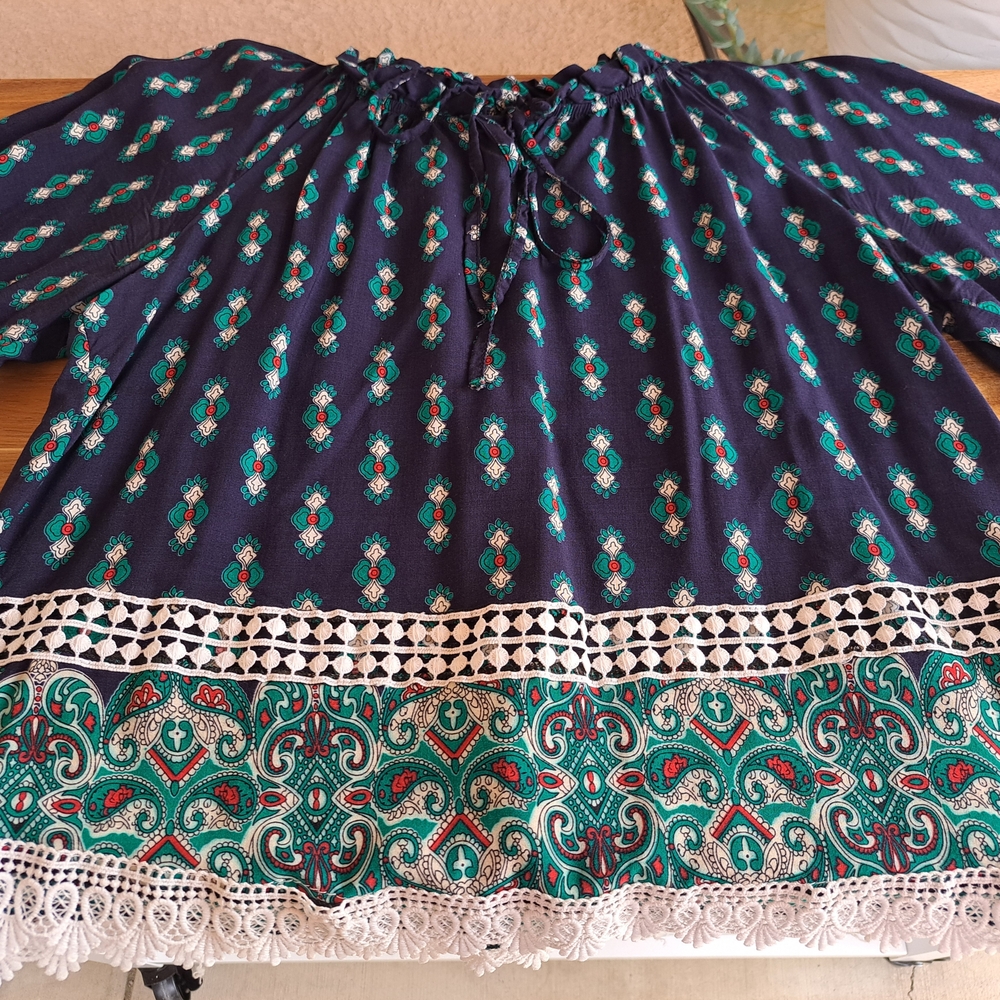 Bohemian Patterned Blouse with Lace Trim - Picture 2 of 5